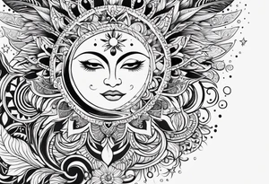 Mexican Sun and moon sternum swirls and dots and stars tattoo idea