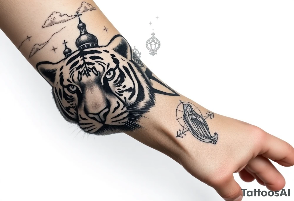 Realistic tiger face on the back of the hand with strong contrast and fine detail with hollow black eyes. with a highly detailed Russian Orthodox cathedral sitting above on fore arm with onion domes and orthodox crosses, done in fine line, engraving-like style. Cohesive composition, black ink only, no color, high contrast, slightly aged, documentary-style, plain light background. with clouds above and a virgin mary tattoo idea