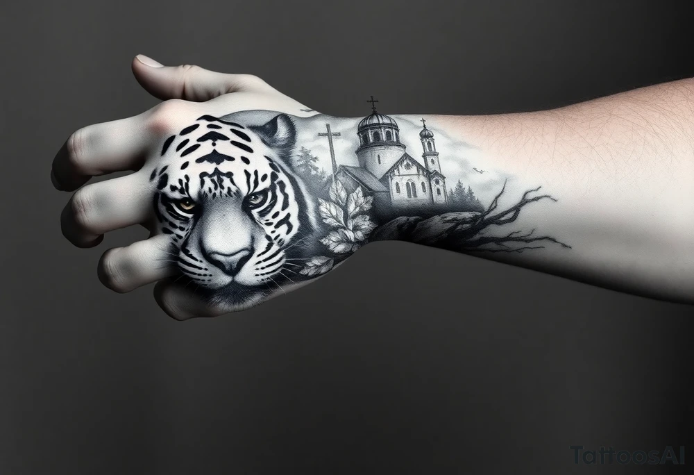 in a dorsal view of the hand and forearm a tiger face on the hand with black hollowed eyes, then above this a orthodox church shrouded with a mist and fading into a virgin mary overlooking tattoo idea