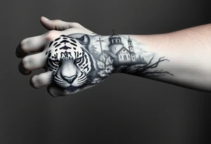 in a dorsal view of the hand and forearm a tiger face on the hand with black hollowed eyes, then above this a orthodox church shrouded with a mist and fading into a virgin mary overlooking tattoo idea