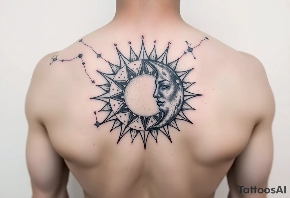 celestial sun and moon embrace with constellation patterns tattoo idea celestial sun and moon embrace with constellation patterns tattoo idea