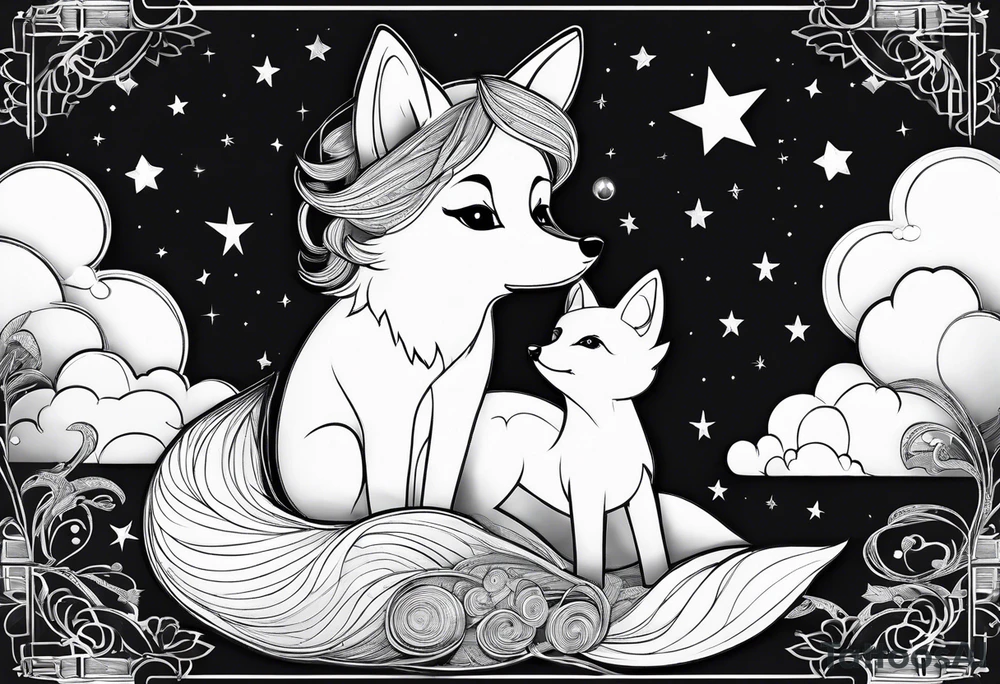 little girl with a fox sit side by side on a cloud and look at the stars tattoo idea