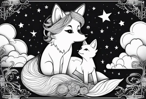 little girl with a fox sit side by side on  a cloud and look at the stars tattoo idea