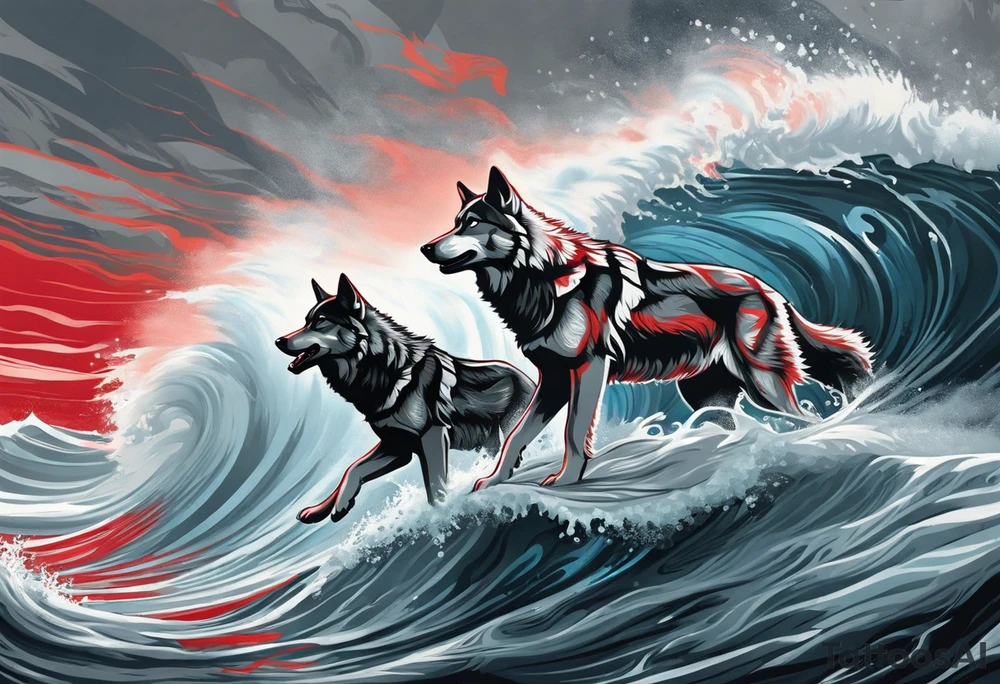 a pack of 3 howling muscular  gray wolves surfing waves with a linear background with red, white and black and gray tattoo idea
