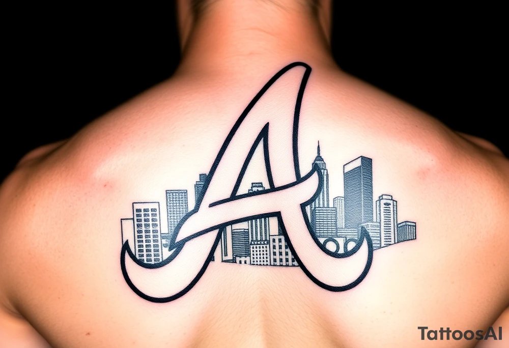 Atlanta Braves letter logo “A” overlapping the Atlanta skyline in the back going upward. The buildings are concise and jam packed parallel to the logo. tattoo idea
