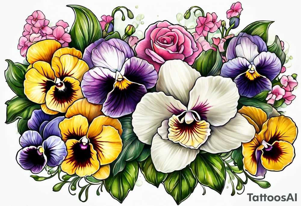 pansies, carnations, orchids, roses, water lillies and foxglove/Lily of the valley. tattoo idea