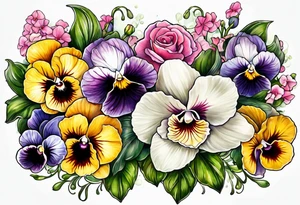 pansies, carnations, orchids, roses, water lillies and foxglove/Lily of the valley. tattoo idea