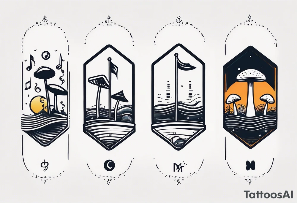 lots of empty space with simple line of icons down the back of the arm. there are four icons in this order:

1. a music note on a staff
2. a wave of water
3. a pocket
4. mushroom tattoo idea