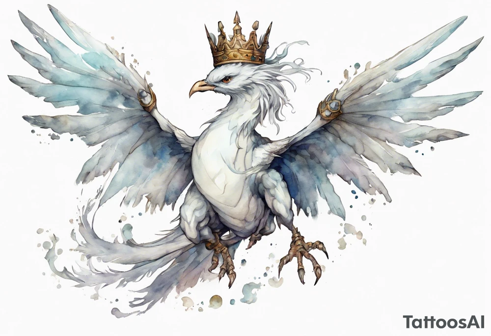 a white bird-wyrm hybrid, wearing a pewter crown on its head, flying in the air tattoo idea