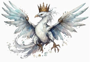 a white bird-wyrm hybrid, wearing a pewter crown on its head, flying in the air tattoo idea