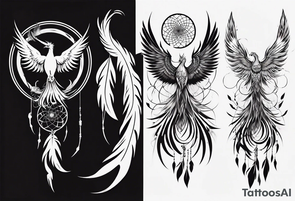 Vertical angry flying Phoenix with wings blending into circles and a long abstract dream catcher feather tail tattoo idea