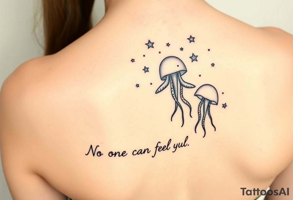 52hz Whale and jellyfish among the stars with the words No one can feel your pain 5x5 size tattoo idea