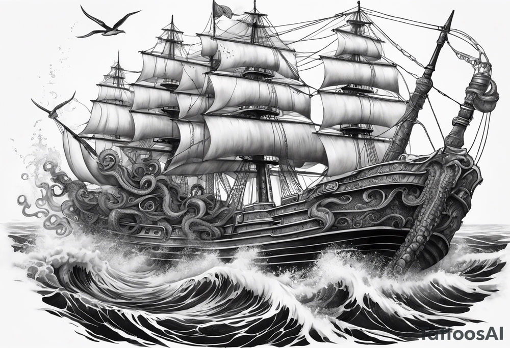 Pulpo gigante destruyendo un barco desde debajo del agua tattoo idea