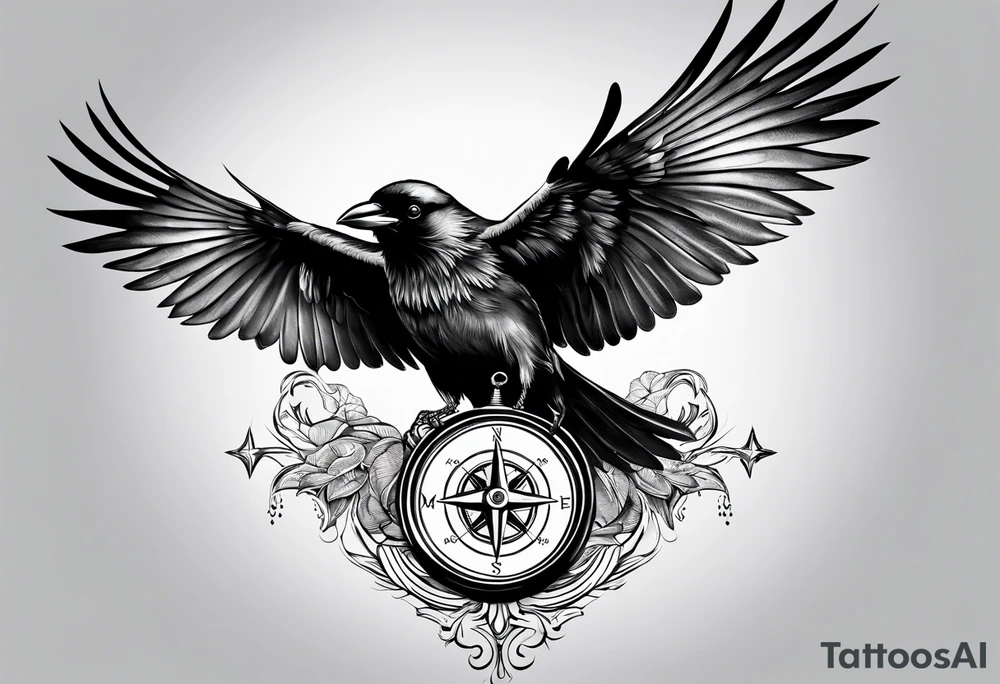 flying crow with compass tattoo idea