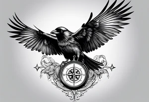 flying crow with compass tattoo idea