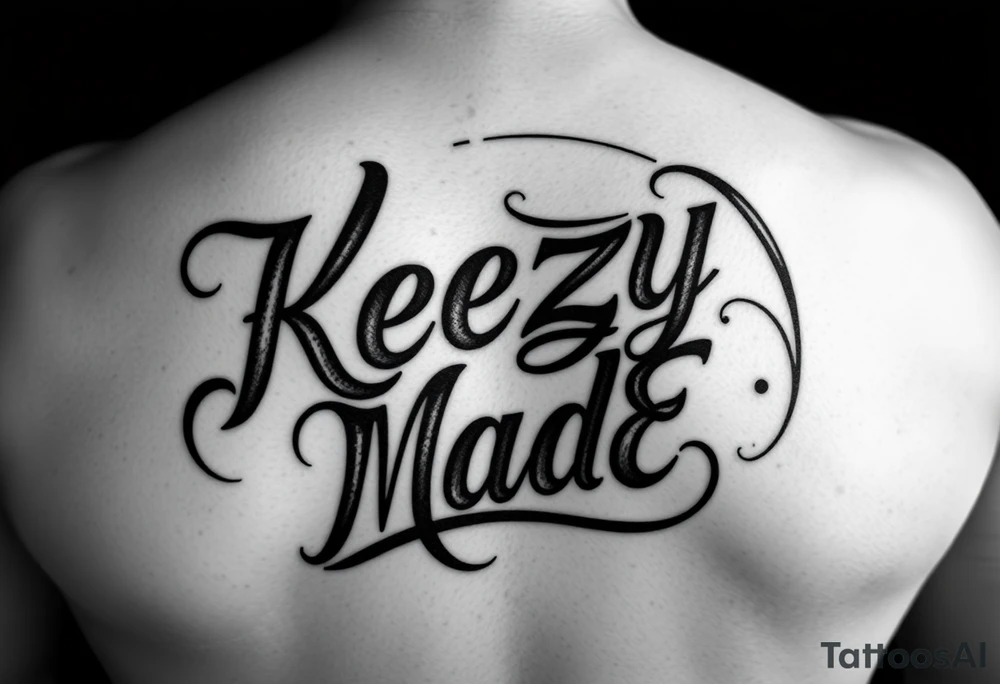 letters only fancy but rugged twisted and intertwined circular arched curvy lettering in a circular  that would be clothing brand style that says (KeezY MadE) almost the the roca wear symbol tattoo idea