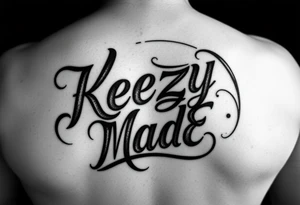 letters only fancy but rugged twisted and intertwined circular arched curvy lettering in a circular  that would be clothing brand style that says (KeezY MadE) almost the the roca wear symbol tattoo idea