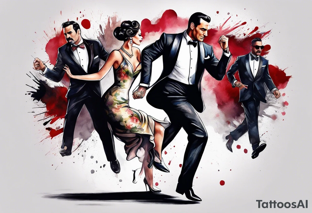 Don Draper dancing with a mouse wearing a tuxedo in the mafia tattoo idea