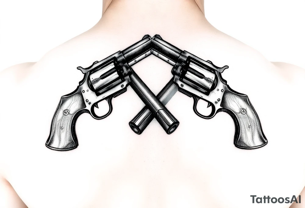 2 revolvers with wooden handles pointing down with barrels crossing one another tattoo idea