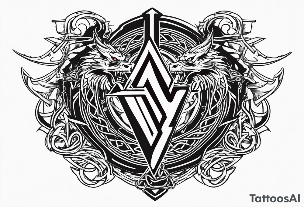 Valhalla sword shield dragon axe Valknut barbed wire chains fire tattoo idea Valhalla sword shield dragon axe Valknut barbed wire chains fire tattoo idea