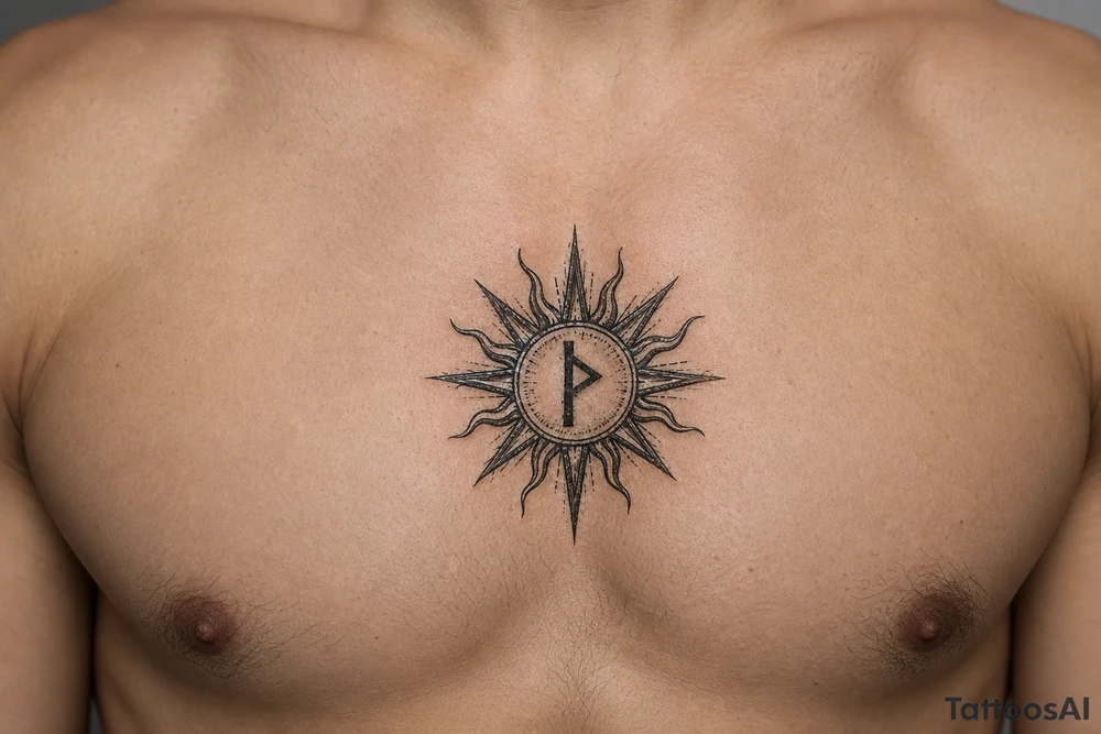 sun with the rune strength symbol in the middle tattoo idea