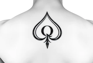 A spade womb tattoo with a Q in the center, with three points around the outside. The first reading, "BLACK". The second reading, "SEED". The third reading, "ONLY". tattoo idea