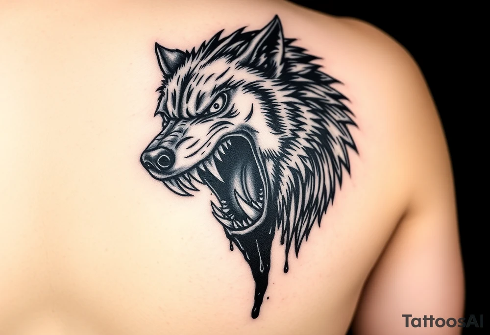 Fierce and demonic wolf with extra elongated muzzle and sharp teeth, swallowing a dripping black hole. Placement on sleeve. tattoo idea