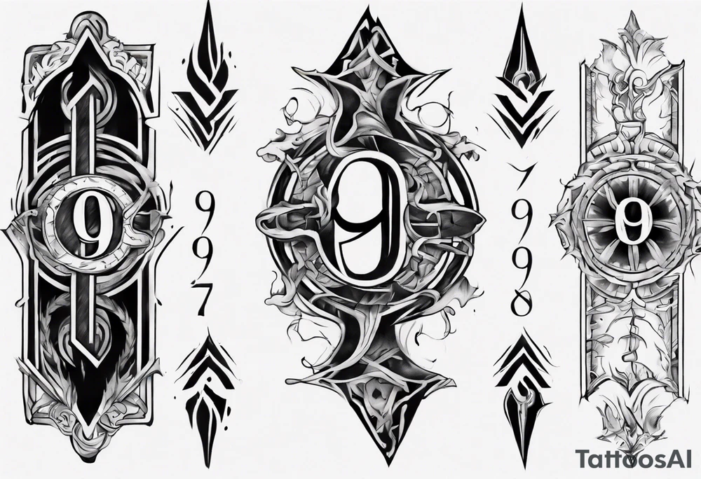 number 9 right side up and upside down connected tattoo black and grey on inside forearm 9:16 aspect ratio tattoo idea
