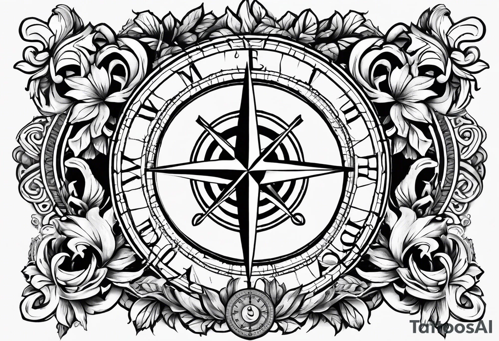 A selucid style anchor in front of a compass and a laurel wreathe wrapped around the compass tattoo idea