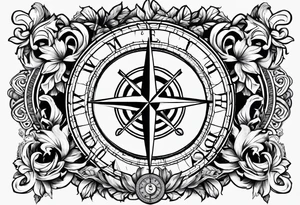 A selucid style anchor in front of a compass and a laurel wreathe wrapped around the compass tattoo idea
