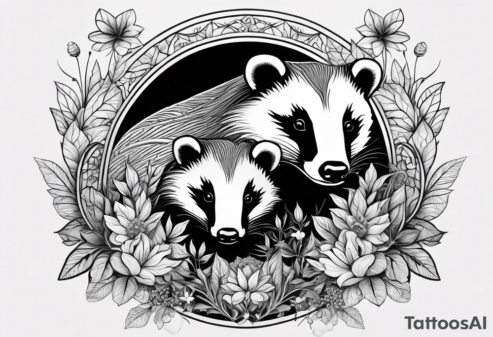 A badger with a cub in a field of flowers, including a cannabis leaf realistic in center and getting more trippy and black towards the edges Fractal patterns included tattoo idea