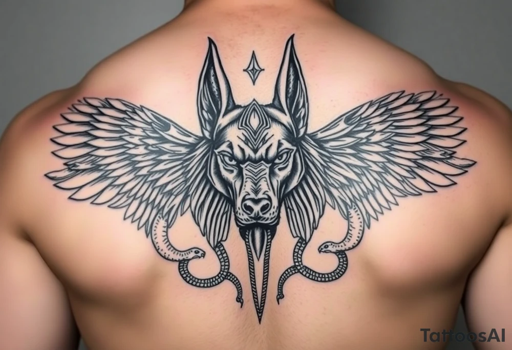 Egyptian Anubis god face muscle in Egypt style dog face surrounded Egyptian symbols and snakes tattoo idea