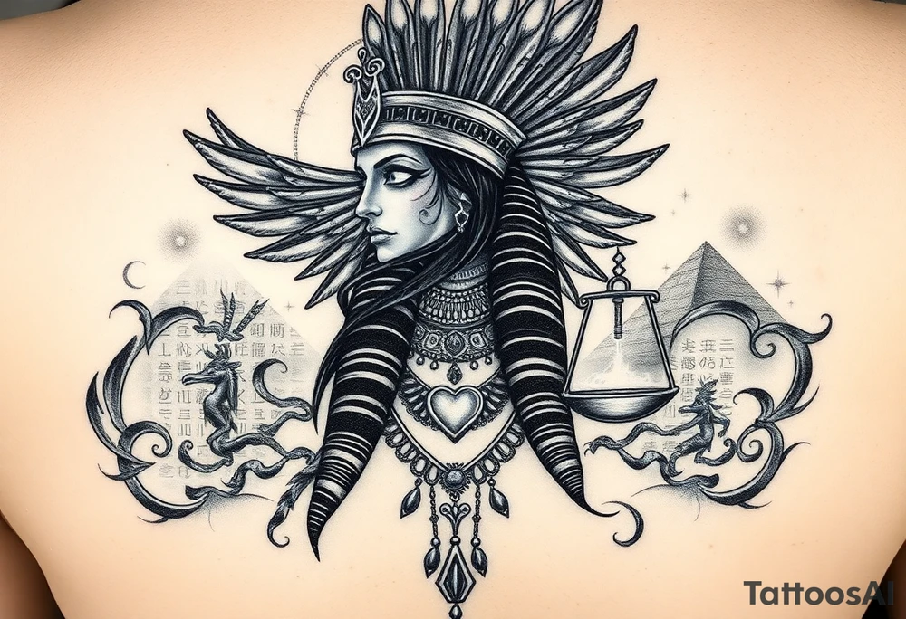 “Super realistic black and grey tattoo of the Egyptian goddess woman, depicted as a regal woman with an ostrich feather headdress, intense glowing eyes, and intricate ancient Egyptian jewelry. She stands or floats amidst swirling cosmic energy and beams of light, with subtle hieroglyphics and pyramids in the background. Incorporate the Scales of Justice—one side holding a heart, the other Ma’at’s feather—glowing with ethereal energy. Emphasize dramatic lighting, deep shadows, and surreal, mystical atmosphere to match a sleeve with Anubis and cosmic motifs. Design should flow with existing sleeve art, using soft transitions and layered textures. tattoo idea