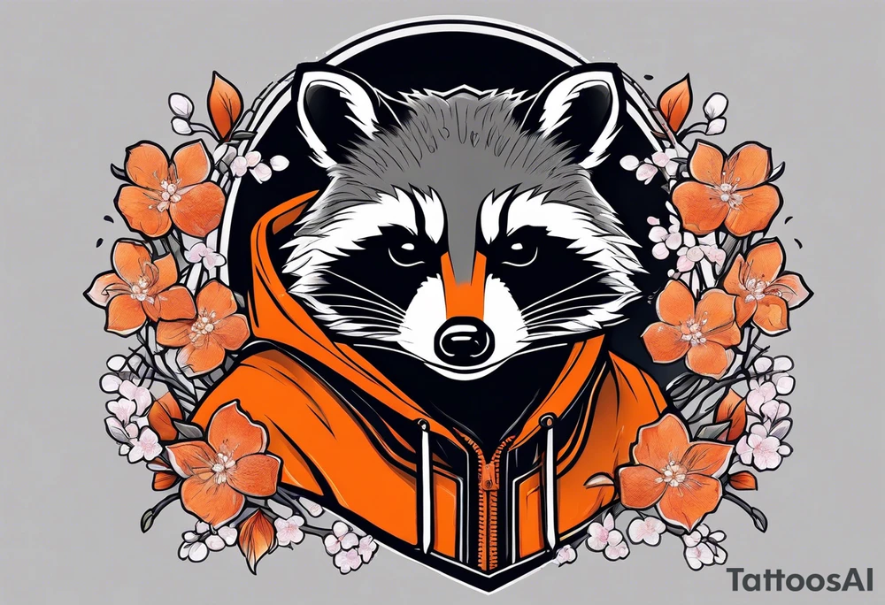 Raccoon wearing a white Superman logo on a black hoodie and orange Japanese cherry blossoms tattoo idea
