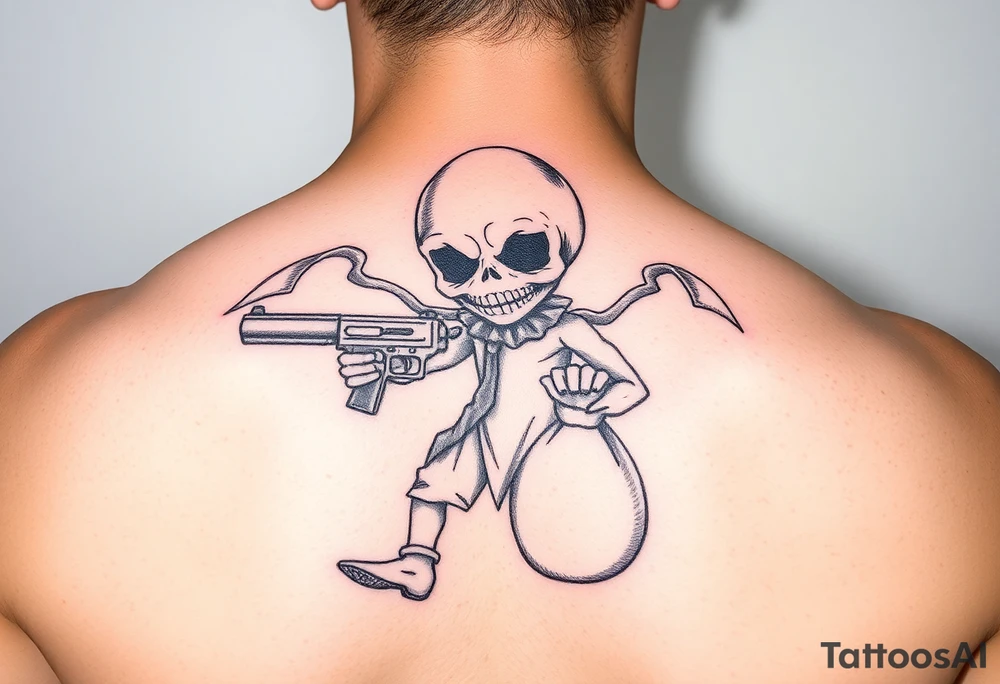 Evil voodoo doll with a gun and money bag tattoo idea