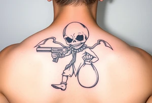 Evil voodoo doll with a gun and money bag tattoo idea