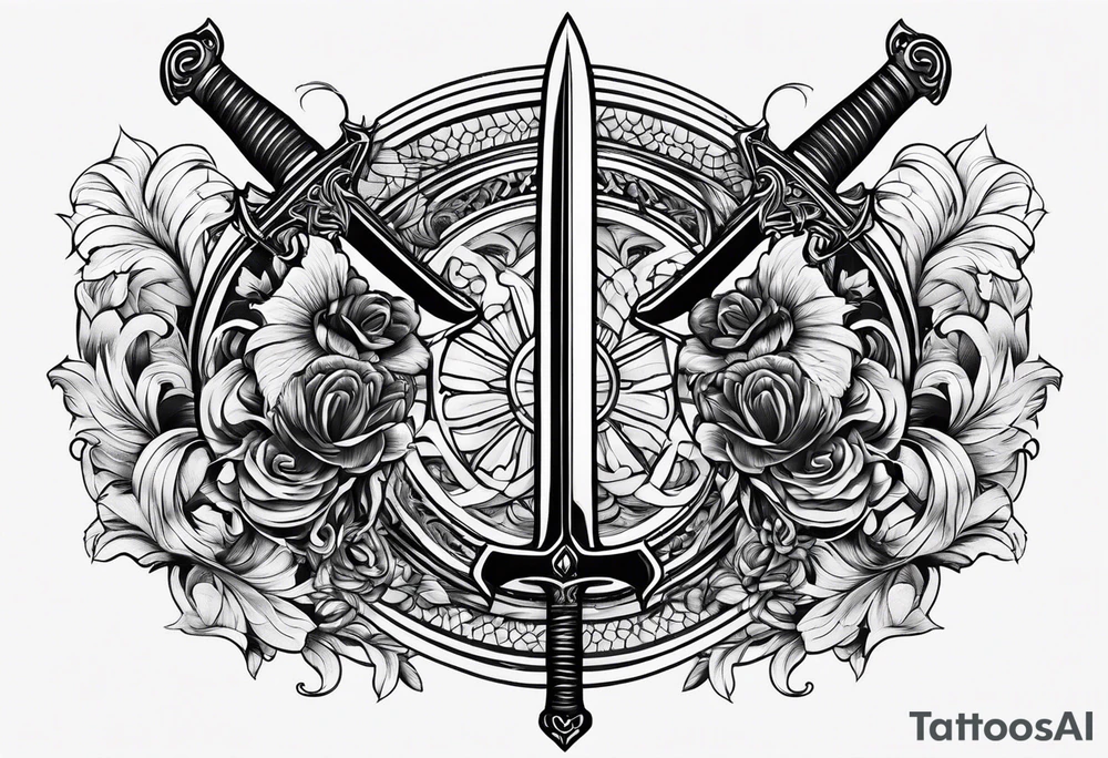 Two minimalist swords crossed on left hand tattoo idea
