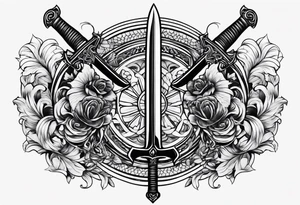 Two minimalist swords crossed on left hand tattoo idea