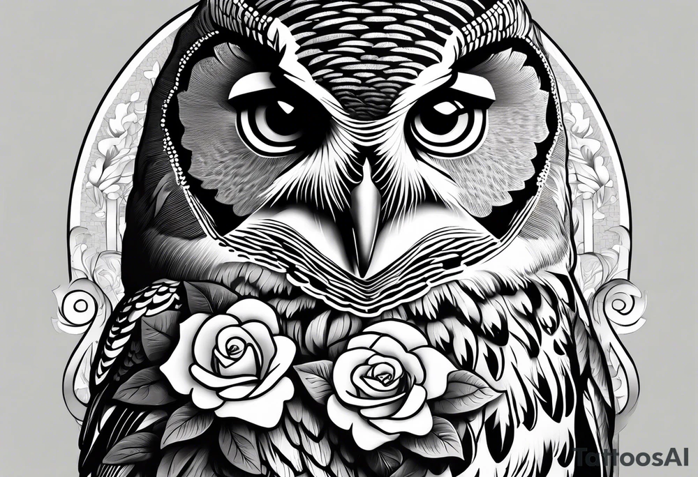 Barred owl with a single rose tattoo idea
