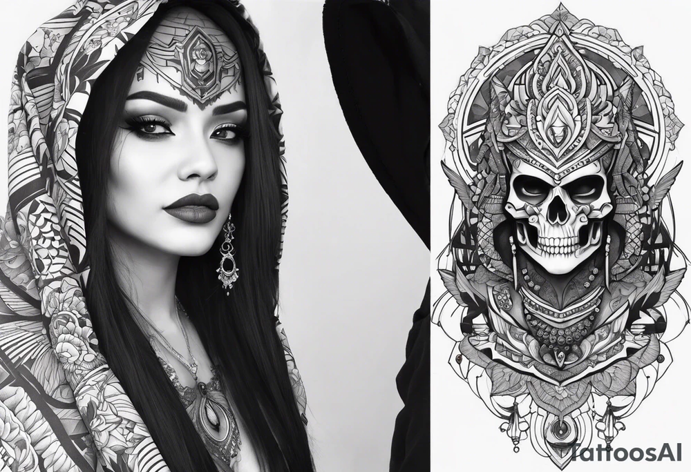 kali ma, alien goddess, valkrye, aries, pirate, divine feminine, zenza resonance, pachamama, lotus azul, blank panther, eagle, skull, 5D, nueva gaya, dna 12, left side chest tatoo tattoo idea