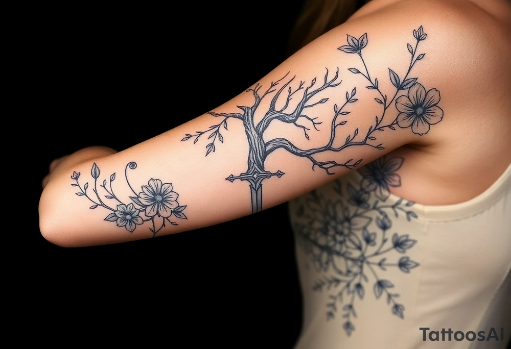 based on the Lord of the rings movies with the tree of Gondor, the Evenstar necklace, the sword Narsil, and flowers tattoo idea