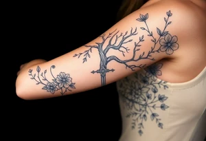based on the Lord of the rings movies with the tree of Gondor, the Evenstar necklace, the sword Narsil, and flowers tattoo idea