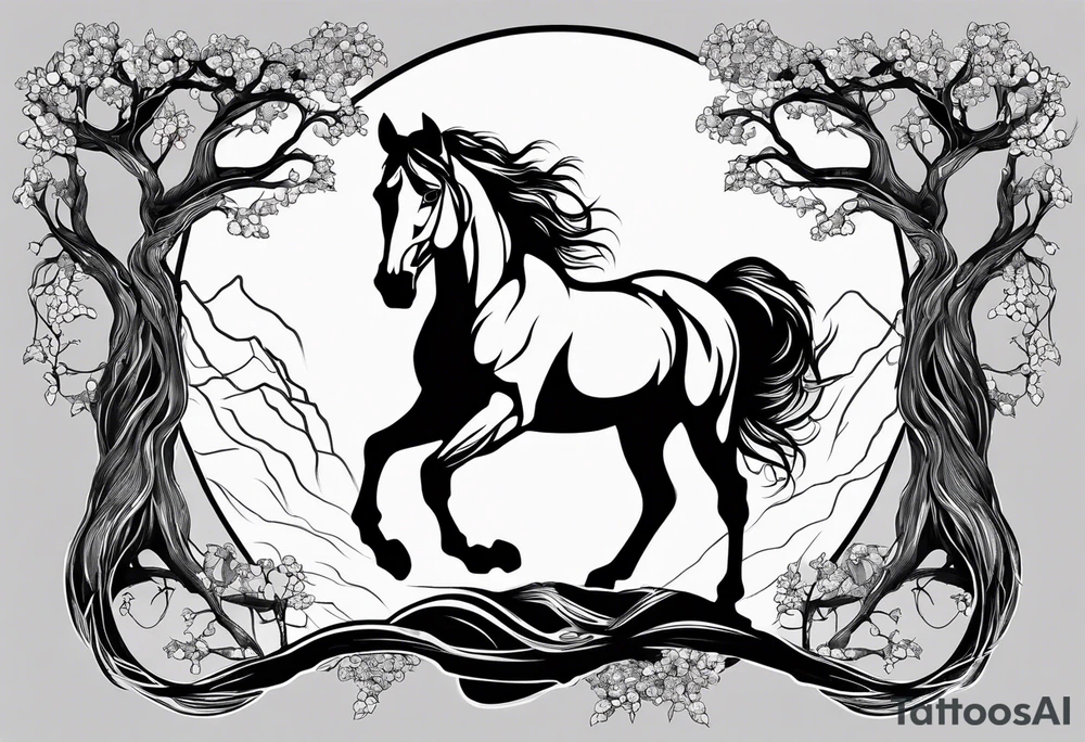 Realistic Horse and Yggdrasil tree tattoo idea