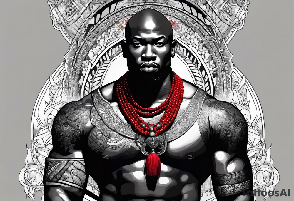 Black-skinned bald african warrior. He is a god of the war. Wears a simple red necklace and a silver crown tattoo idea