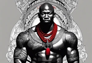 Black-skinned bald african warrior. He is a god of the war. Wears a simple red necklace and a silver crown tattoo idea