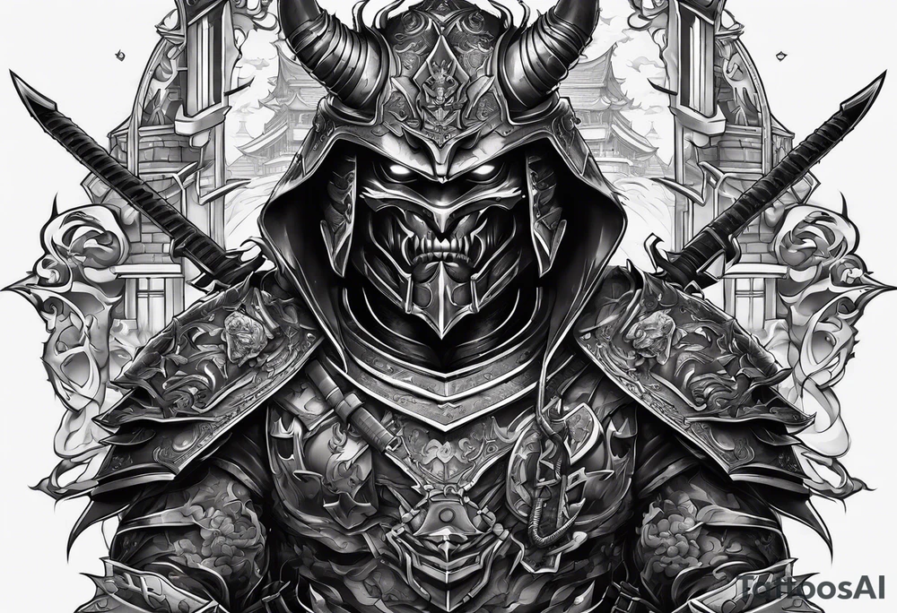 Angry demon Modern robot ninja with demon mask with swords in sitting in his castle tattoo idea