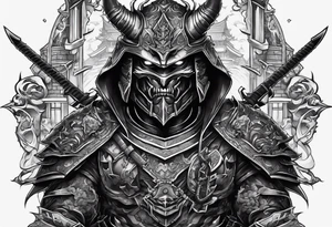Angry demon Modern robot ninja with demon mask with swords in sitting in his castle tattoo idea