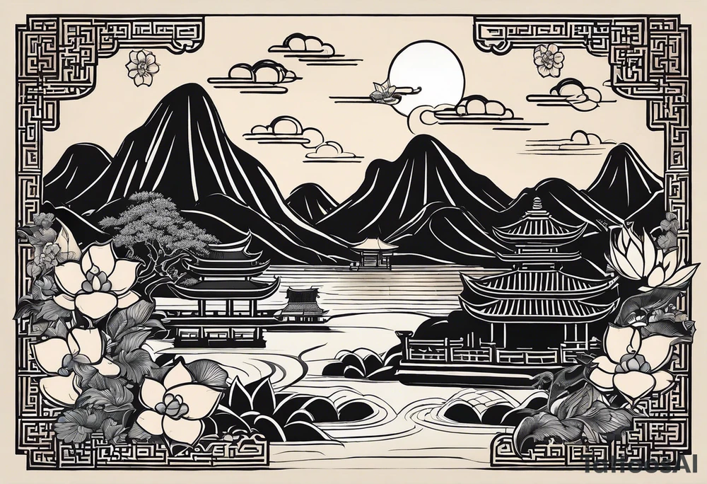 A black Vietnamese tattoo design featuring intricate depictions of sacred animals like the dragon and turtle intertwined with majestic mountains and lush rice fields. Incorporate iconic elements such as the conical straw hat floating above, surrounded by blooming lotus flowers and traditional silk lanterns. The tattoo reflects the essence of Vietnam's breathtaking nature, with swirling mist and flowing water elements woven into the composition, merging traditional artistry with a modern flair. Use a color palette that evokes the lush greens of the countryside and the warm tones of sunset. tattoo idea