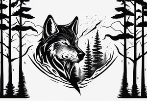 a thunderstorm over a forest and a wolf howling tattoo idea