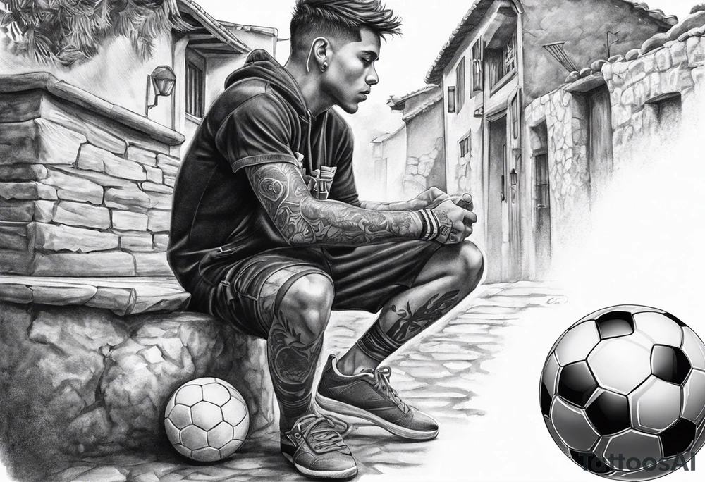 Joven viendo su pueblo natal con un balón de fútbol  con el número 7 en su espalda para la pantorrilla tattoo idea